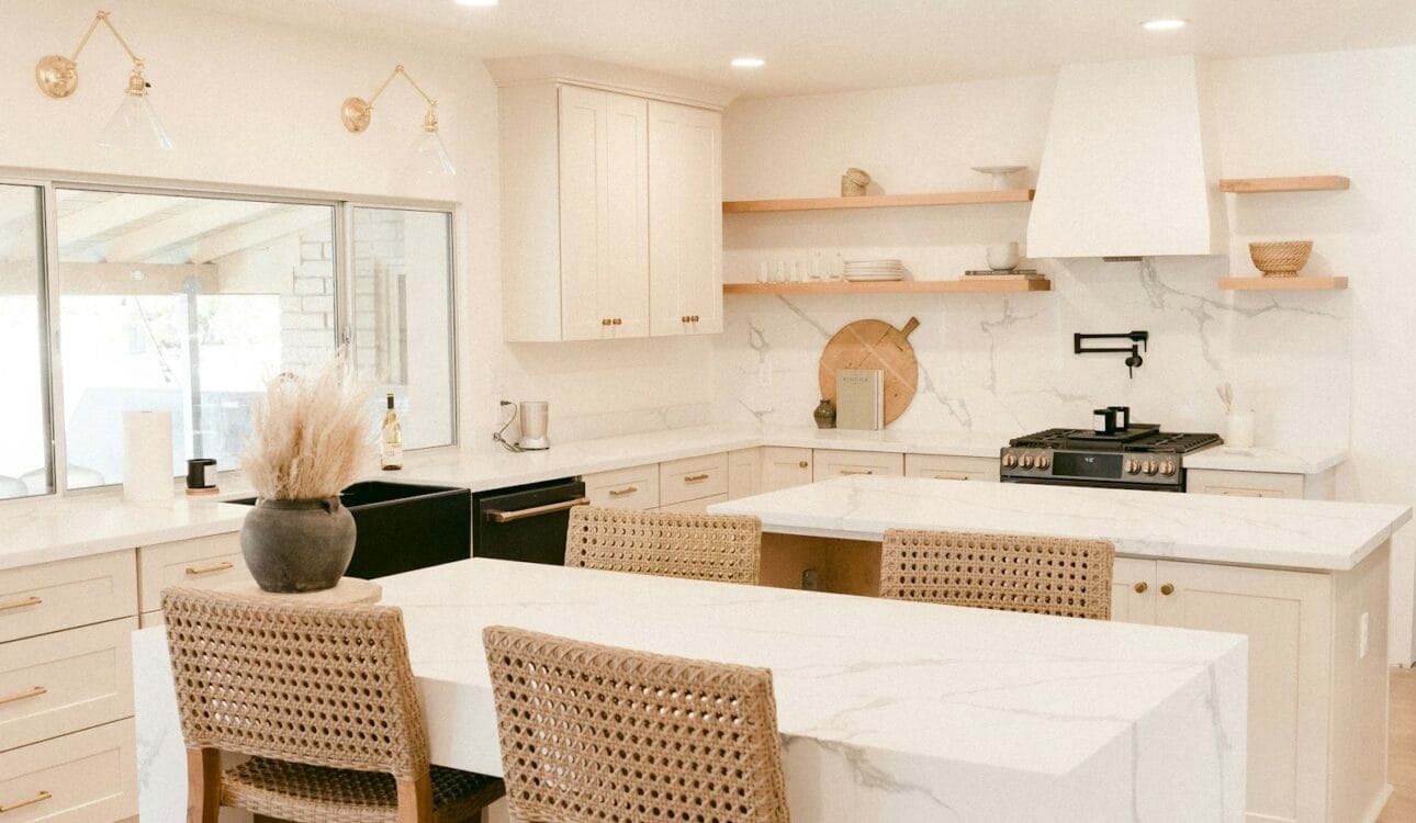 3D design of a modern kitchen with bar counter