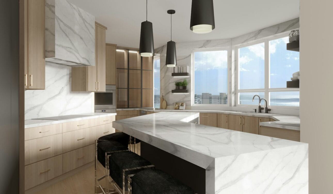 Large family kitchen with marble island and woven bar stools