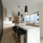 Large family kitchen with marble island and woven bar stools