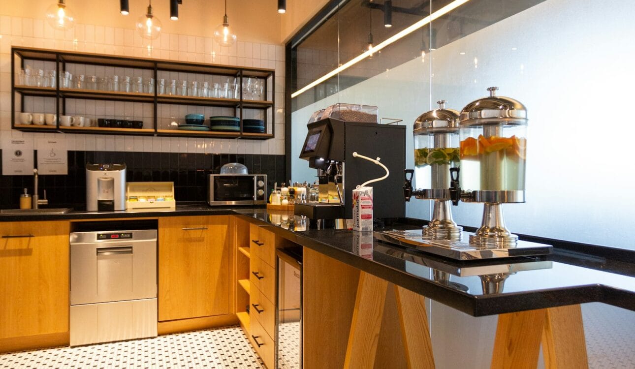 Coffee corner with coffee machine on a wooden counter