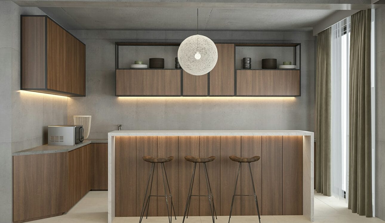 Modern kitchen decor with marble worktop and bar stools