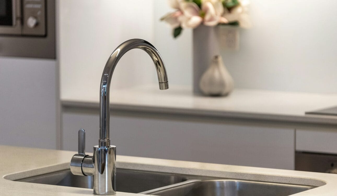 Kitchen sink area with water supply and modern cabinets