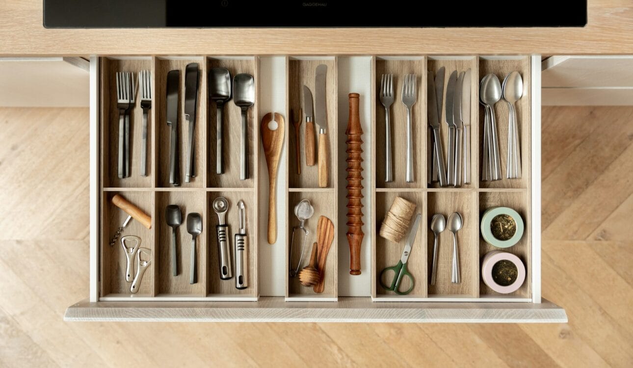 Open kitchen drawer with smooth full-extension runners