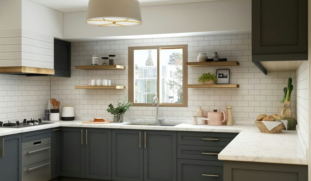 Modern L-shaped kitchen layout with counter and stools