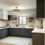 Modern L-shaped kitchen layout with counter and stools