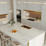 Modern kitchen with dark cabinets and colourful chairs