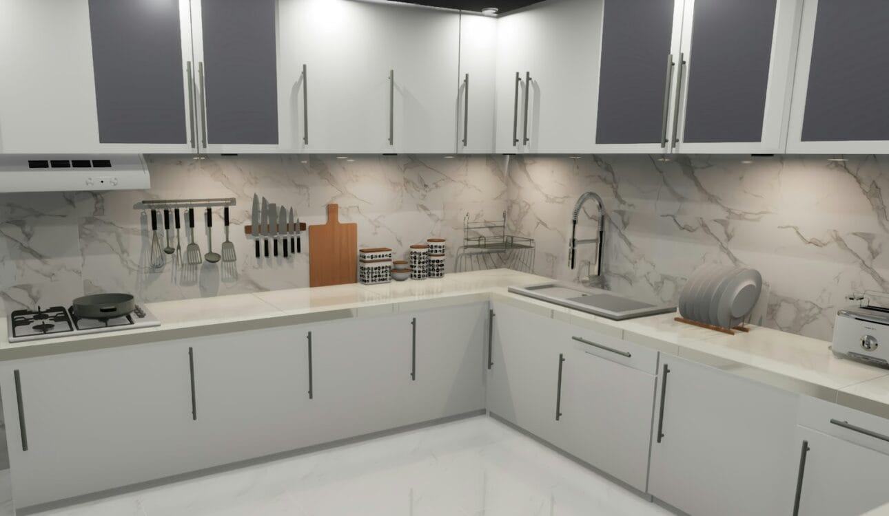 Kitchen with white and wood-look cabinets