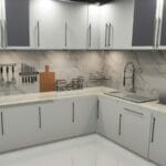 Kitchen with white and wood-look cabinets