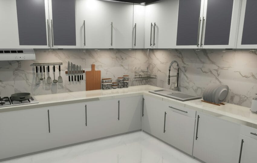 Kitchen with white and wood-look cabinets